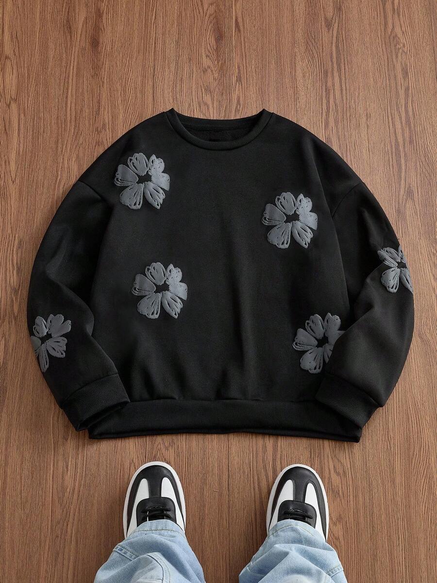 EASEVO 加大码男士休闲圆领套头卫衣，黑色，全印花图案，春秋季