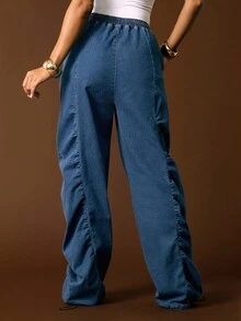 Vixey Ruched Wide Leg Drawstring Waist Denim Pants - Blue - View 5