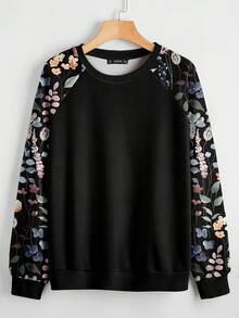 EMERY ROSE Elegant Floral Print Plus Size Women Sweatshirt, Suitable For Autumn/Winter - Multicolor - View 3