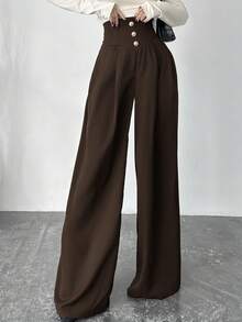 Firerie 优雅通勤时尚现代高腰金属纽扣阔腿长裤，黑色，秋冬 - 咖啡棕 - 查看 1