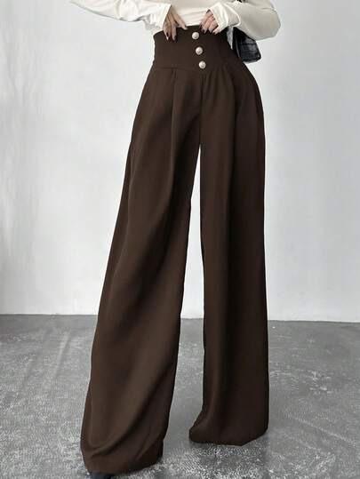 Firerie 优雅通勤时尚现代高腰金属纽扣阔腿长裤，黑色，秋冬