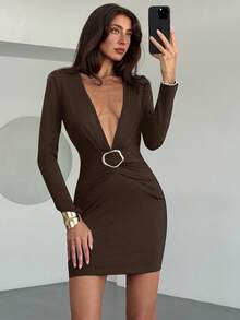 Aloruh Women's Solid Color Deep V-Neck Long Sleeve Metal Waist Design Sexy Mini Dress,Dresses For Women Party