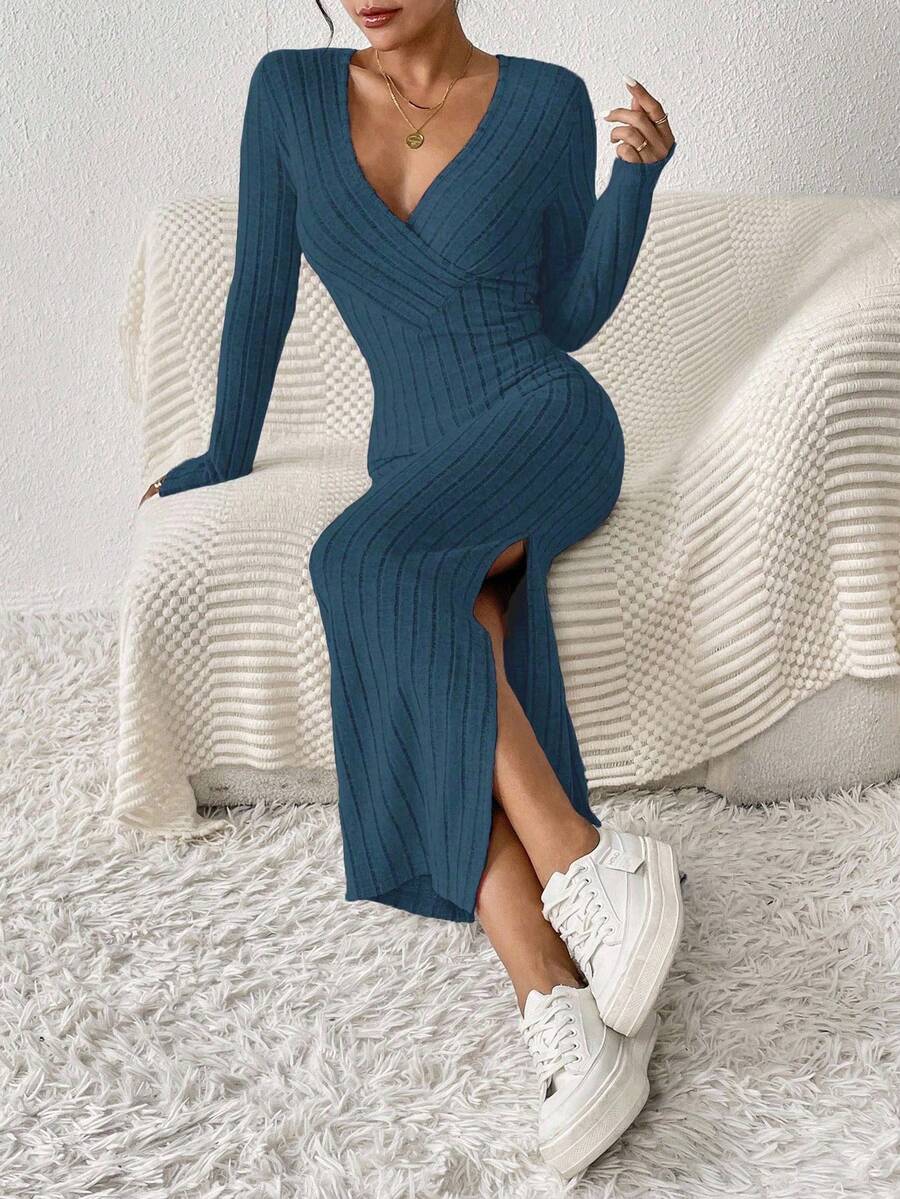 SHEIN Frenchy Của phụ nữ Bọc Vòng cổ Cao Bên Khe Đầm Với Khe nứt bên - Màu xanh hải quân - Xem 1