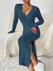 SHEIN Frenchy Của phụ nữ Bọc Vòng cổ Cao Bên Khe Đầm Với Khe nứt bên - Màu xanh hải quân - Xem 6