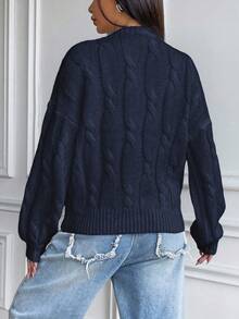 Flirla Loose Fit Women's Round Neck Drop Shoulder Long Sleeve Cable Knit Sweater, Autumn/Winter - Blue - View 2