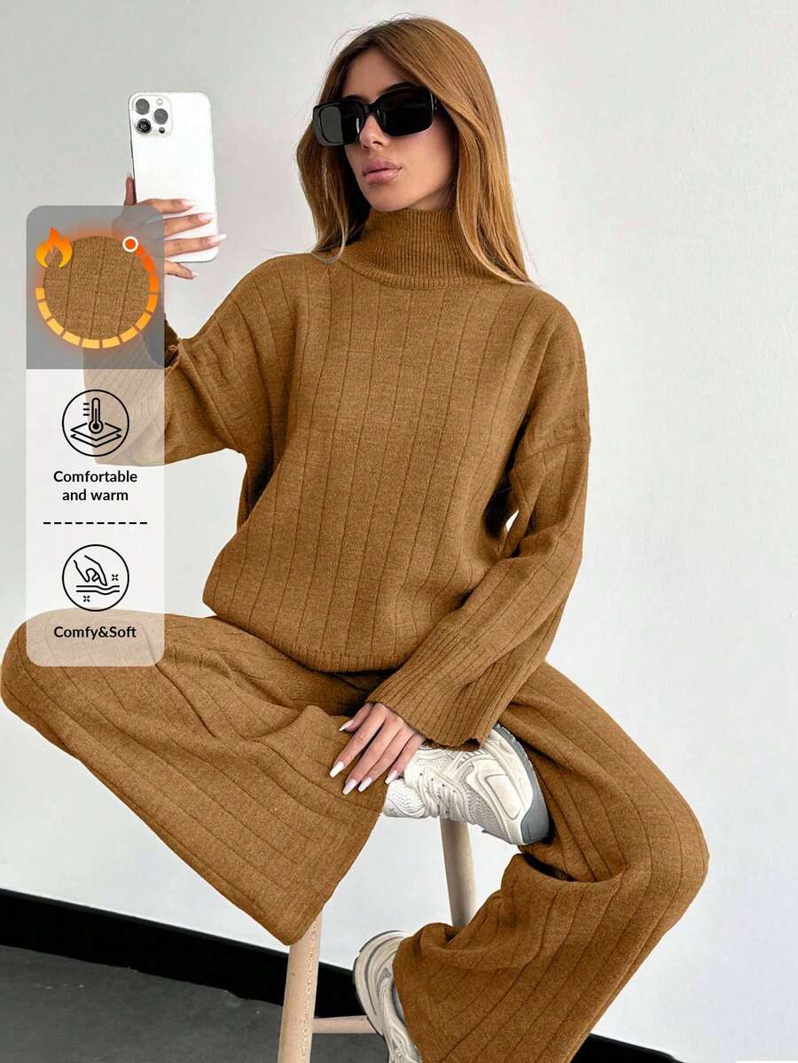 EURMUSE Solid Color Long-Sleeved Sweater And Knitted Trousers Two Pieces Set,Petite,Winter Clothes - Brown - View 1