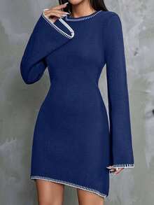 EURMUSE Women Color Block Sweater Dress With Striped Edges,Petite - Navy Blue - View 4