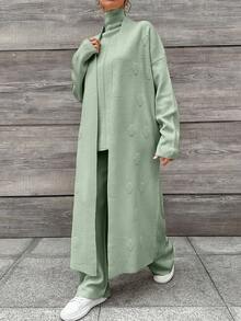 EURMUSE Bộ trang phục 3 món áo len cổ lọ màu trơn thường ngày cho nữ, áo len cardigan dài và quần dài, mùa thu/đông - Màu xanh Bạc hà - Xem 3