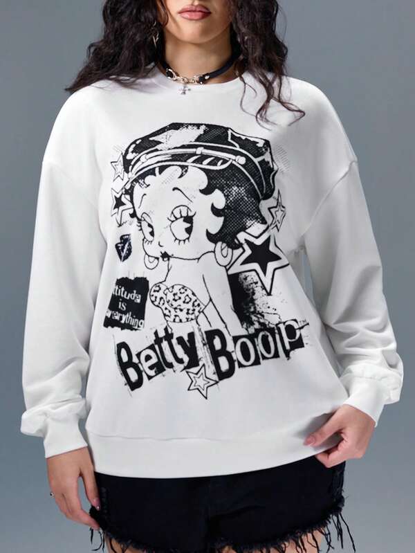 Betty Boop x SHEIN Sudadera holgada con estampado de letras y dibujos animados, talla grande, otoño
