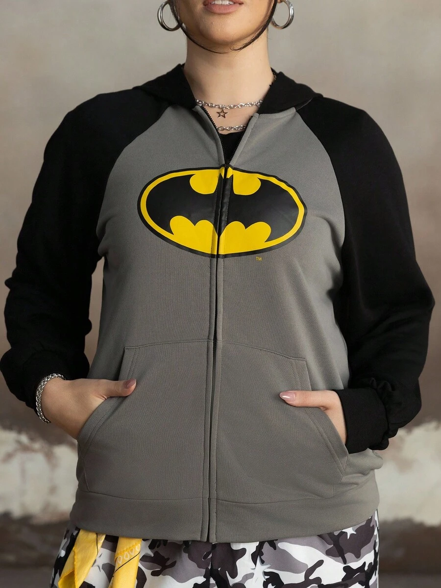 BATMAN X SHEIN 大码女式休闲日常通勤时尚街头蝙蝠标志印花撞色插肩袖拉链卫衣,春秋季拉链卫衣,女式冬季卫衣 - 黑色 - 查看 1