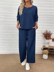 EMERY ROSE 2 Pieces Set Women's Solid Color Round Neck Pleated 3/4 Sleeve Loose Shirt And Pants Casual 2 Pieces Set Two Pieces Set Women Two Pieces Casual Set Blouse And Pants Set Comfortable Two Pieces Set 2 Pieces Set Fall Clothes For Women