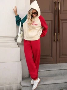 SHEIN LUNE Bộ trang phục gia đình 2 món đơn giản, thoải mái, phù hợp với Giáng sinh, màu tương phản, áo nỉ và quần - Nhiều màu - Xem 9