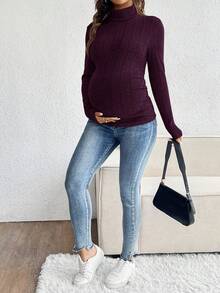 SHEIN Áo thun dài tay cổ cao màu trơn dành cho bà bầu, chất liệu gân, dáng ôm, kiểu dáng thường ngày, thích hợp cho mùa thu. - Màu đỏ tím - Xem 5