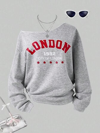 Sweat-shirt à manches longues avec numéro 33 et style graphique, épaule asymétrique, mode de rue décontractée pour adolescentes, automne/hiver