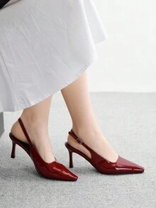 CUCCOO BIZCHIC 女士尖头细高跟酒红色后系带露跟时尚简约高跟鞋，适合日常穿着和通勤