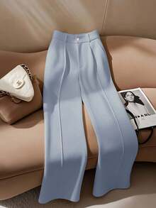 SHEIN PETITE Women's White Elegant Refined Straight-Leg Pants, Suitable For Commuting - Blue - View 1