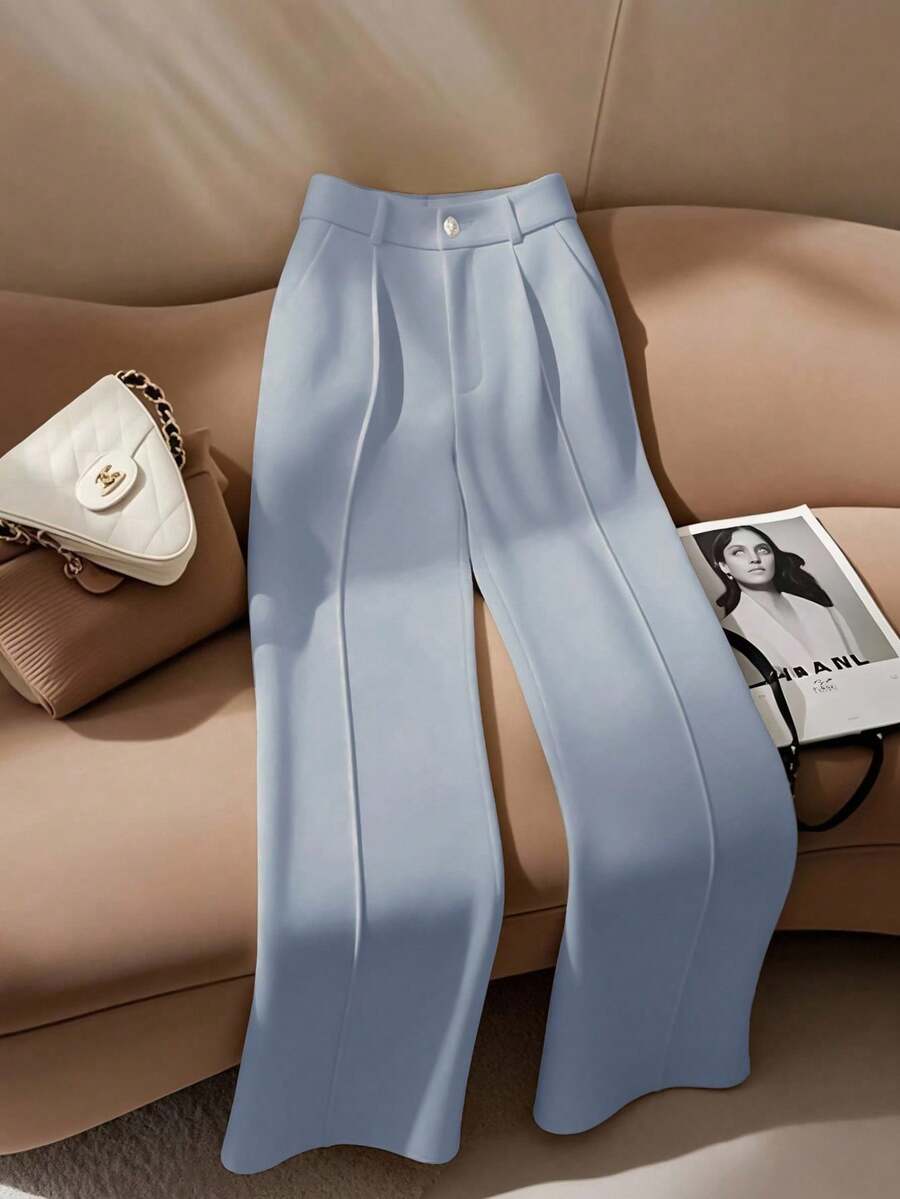 SHEIN PETITE Women's White Elegant Refined Straight-Leg Pants, Suitable For Commuting - Blue - View 1