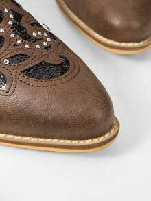 MOTF WOMEN'S WINTER NEW CHUNKY HEEL ROUND TOE EMBROIDERED HOLLOW RIVET KNIGHT BOOTS - Brown - View 6