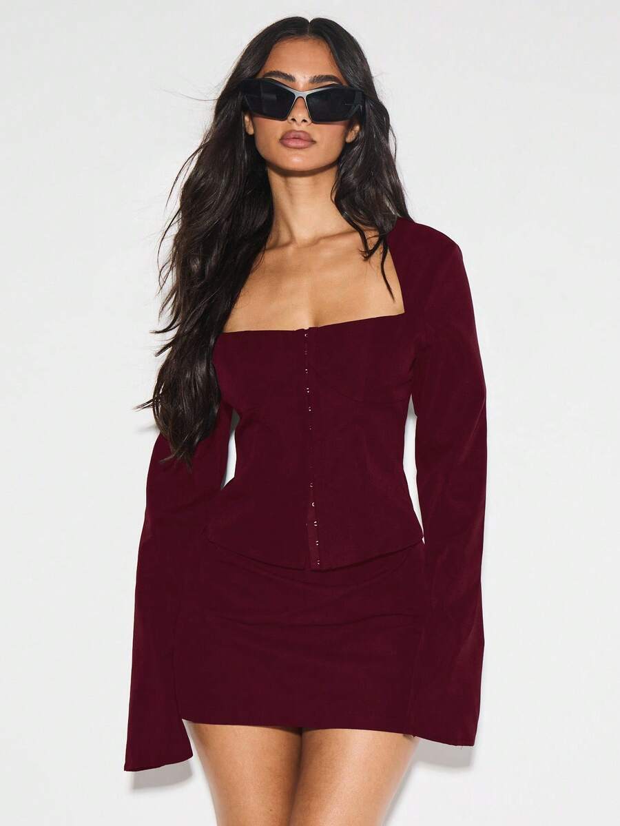 KIZN Long Sleeve Square Neck Button Front Corset Top Fitted Tailored Autumn Winter Holiday Party Special Occasion Evening Elegant Formal Wear - Burgundy - View 1