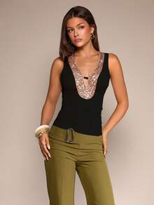 Glamine 亮片优雅复古浪漫百搭通勤休闲衬衫，适合音乐节秋季女装返校 - 黑色 - 查看 2