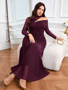 Modelyn Vestido ajustado de unicolor elegante con hombros descubiertos y volantes de malla para mujer talla grande, primavera/otoño - Burdeos - Ver 5