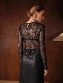 MOTF PREMIUM SEQUIN EMBROIDERED FASHIONABLE BASIC KNIT UNDERSHIRT - Black - View 4