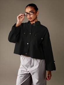 MISSGUIDED Oversized Denim Shirt Jacket With Metal Snap Buttons Long Sleeve Collared Boxy Cut Fashion Forward Fall Winter Casual Streetwear Top - Black - View 6