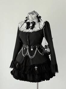 Sunspun 大码哥特式喇叭袖收腰衬衫，黑色，修身 - 黑色 - 查看 4