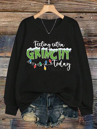 EMERY ROSE Autumn And Winter Casual Printed Round Neck Sweatshirt, With The Christmas Pattern Of "Feeling Particularly Strong Today", Suitable For Daily And Holiday Wear As A Sports Shirt