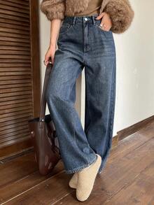DAZY 女士复古水洗直筒牛仔裤，高腰显瘦保暖水洗牛仔裤，秋冬保暖款