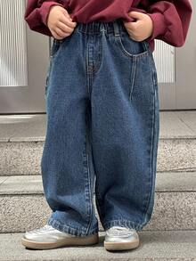 Everyday Casual Dark Wash Denim Jeans For Young Boys Comfortable Loose Fit Long Pants - Dark Wash - View 3