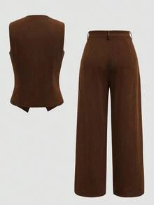 Airaco 2pcs Women Corduroy Casual Metal Buckle Set, Autumn - Coffee Brown - View 2