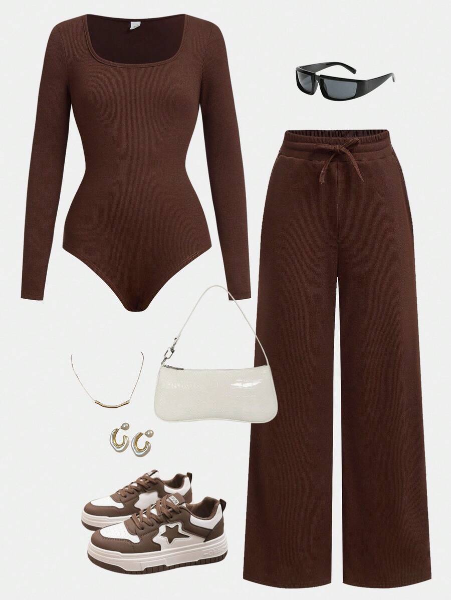 Girlism 2 件套 Tween 女童灰色罗纹针织长袖连体裤上衣和阔腿裤，舒适休闲装