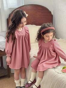 SHEIN Baby Girl Cute Corduroy Loose Ruffled Hem Pink Long Sleeve Dress Fall Winter - Pink - View 1