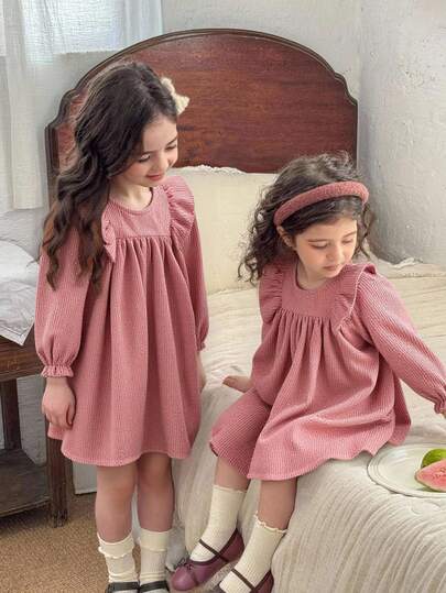 SHEIN Baby Girl Cute Corduroy Loose Ruffled Hem Pink Long Sleeve Dress Fall Winter
