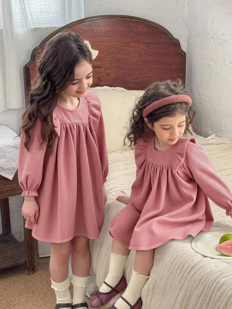 SHEIN Baby Girl Cute Corduroy Loose Ruffled Hem Pink Long Sleeve Dress Fall Winter - Pink - View 1
