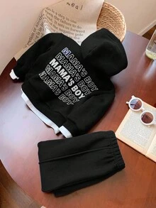SHEIN Leap Crew 2 件装男婴/女婴百搭蓝白休闲连帽衫和宽松长裤套装，适合秋冬季，适合上学、居家或户外 - 黑色 - 查看 6