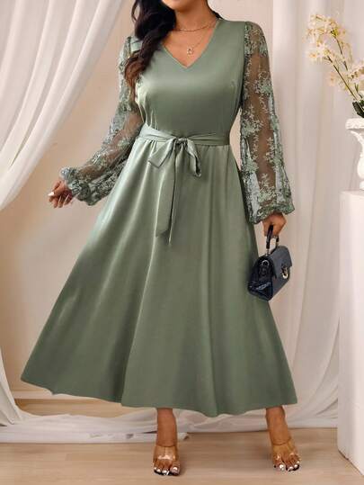 SHEIN Clasi Plus Size Elegant Lace & Satin V-Neck Empire Waist Long Dress With Sheen, Suitable For Weddings And Formal Events Fall Cloth For Women