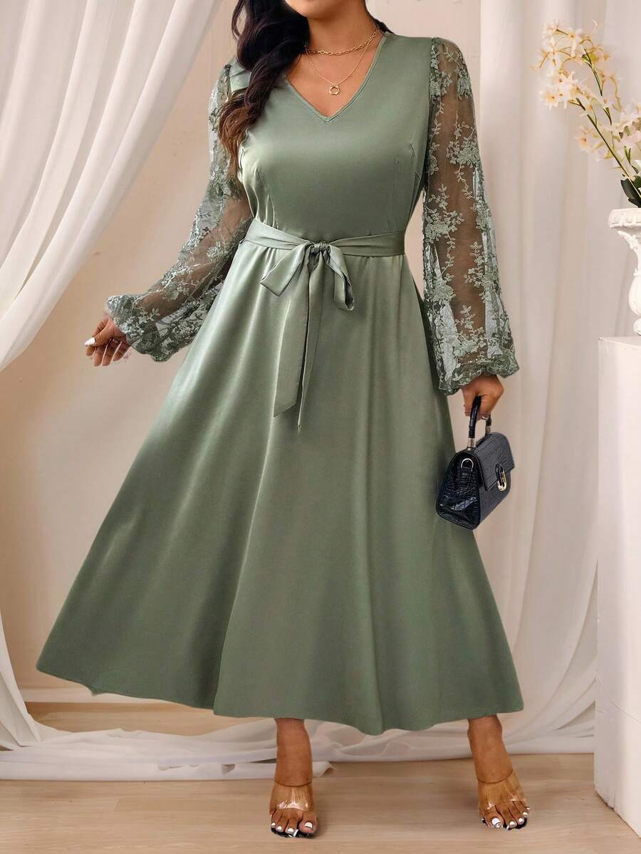 Rometta 大码优雅蕾丝和缎面 V 领高腰长裙，光泽亮丽，适合婚礼和正式活动 - 綠色 - 查看 1