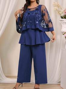 DreamSkyne Conjunto de 2 piezas de talla grande con cubierta bordada en 3D de malla + pantalones anchos de pierna ancha, elegante y casual