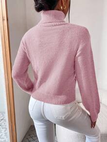 EURMUSE 女式休闲粗线图案高领长袖毛衣，秋冬 - 淺粉色 - 查看 2