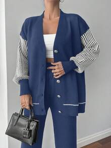 EURMUSE Casual Colorblock Striped Patchwork Cardigan And Knit Pants Set, Autumn/Winter - Navy Blue - View 3