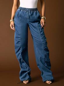 Vixey Ruched Wide Leg Drawstring Waist Denim Pants - Blue - View 2