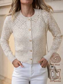 Solivie Autumn Women's French Elegant Knitted Cardigan Sweater Jacket, Classic Versatile Short Perforated Knitwear Cardigan, Autumn/Winter Women Knit Cardigan Button Up Cardigan Knitted Cardigan For Women Winter Clothes For Women Apricot Sweater Contains Wool