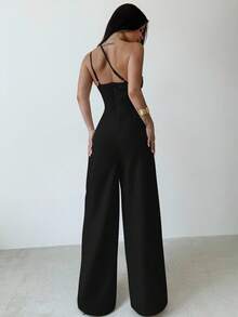 Firerie Elegant Linen Backless Ruched Waist Wide Leg Jumpsuit, Casual, Vacation, Commute Cocktail, Summer Black - Black - View 2