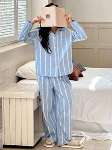 DAZY 女童条纹长袖上衣和裤子睡衣套装，秋季 - 藍色 - 查看 2