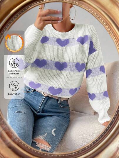 Franclia Women's Heart Pattern Round Neck Drop Shoulder Long Sleeve Casual Sweater,Jumper,Cream Jumper,Jumpers,Black Jumper,Womens Jumper,White Jumper,Women's Jumper,Women's Jumpers,Winter Clothes