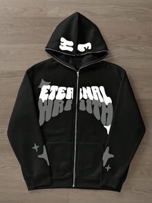 Manfinity EMRG Kardigan Hoodie Resleting Kasual Pria Ukuran Besar dengan Grafis Huruf, Musim Gugur - MultiWarna - View 3