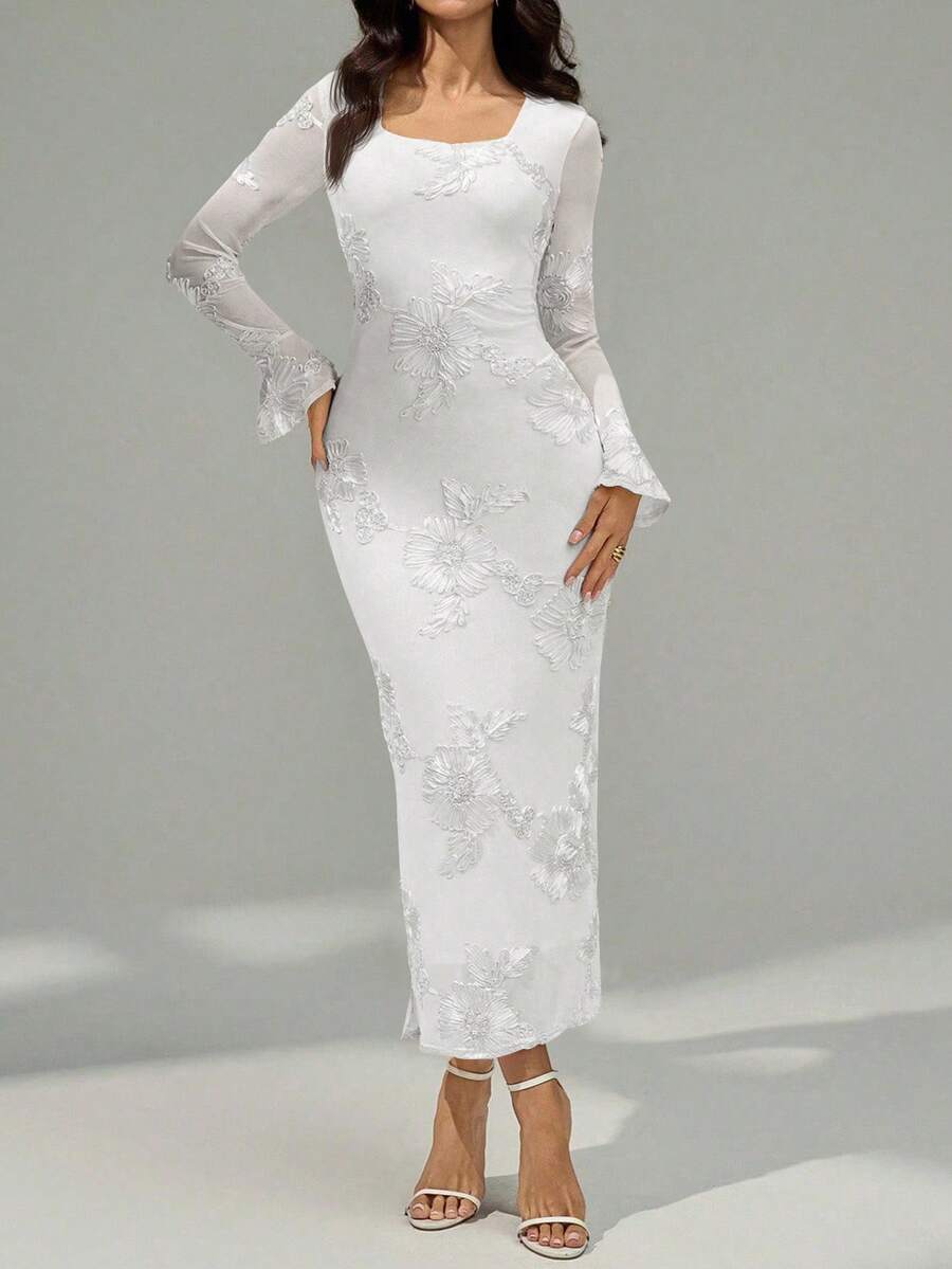 Modelyn Váy dài vừa phải co giãn vải jacquard thanh lịch thời trang dành cho nữ - trắng - Xem 1