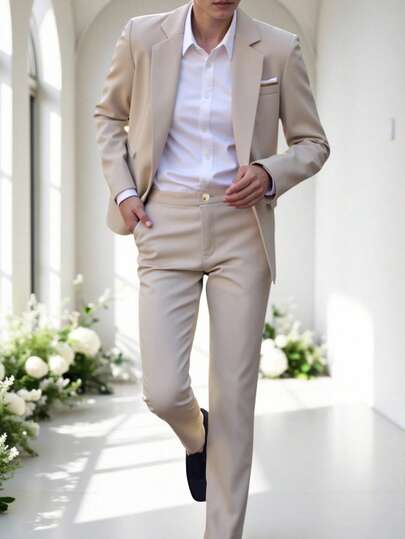 SHEIN 2pcs Set Teen Boy Gentlemen's Outfit - Color-Block Chest Pocket Slim Fit Suit Jacket + Casual Long Pants, Elegant, Outdoor Personalized Formal Wear Suitable For Birthday Party, Evening Party, Performance, Hosting, Wedding Season, Birthday, Wedding, Graduation, Wedding Guest, Pageboy, Ring Boy